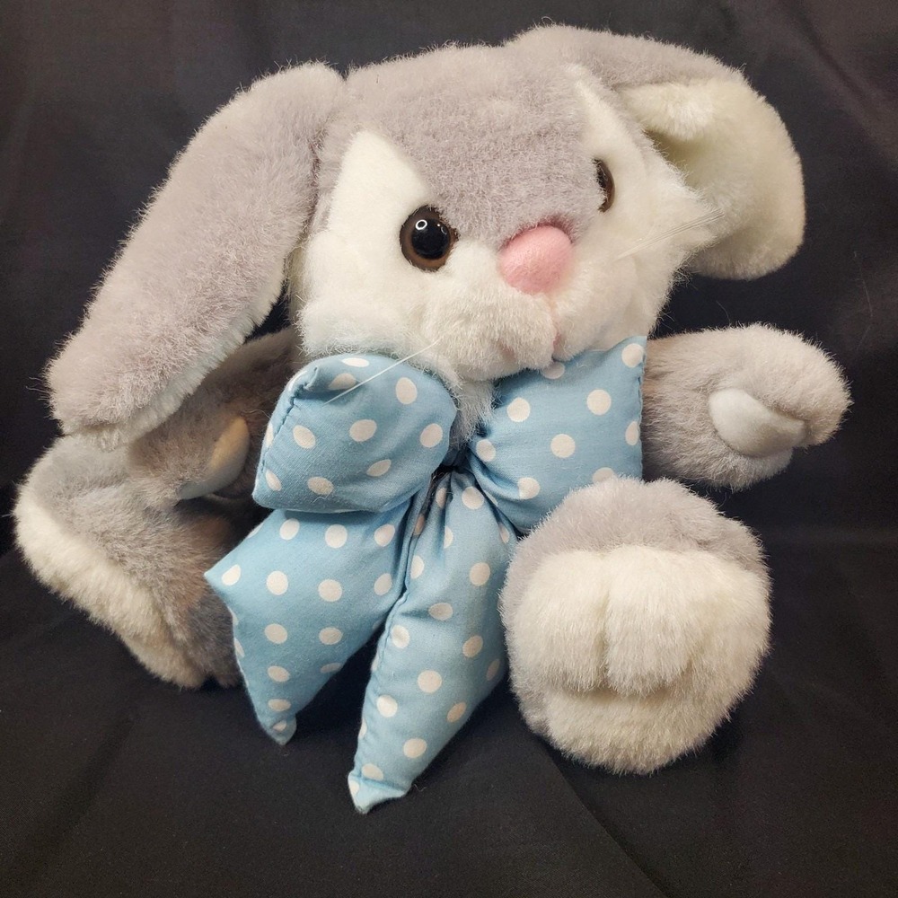 Vtg Joelson Industries Easter Bunny Rabbit Plush Stuffed Animal Blue Puffy Bow